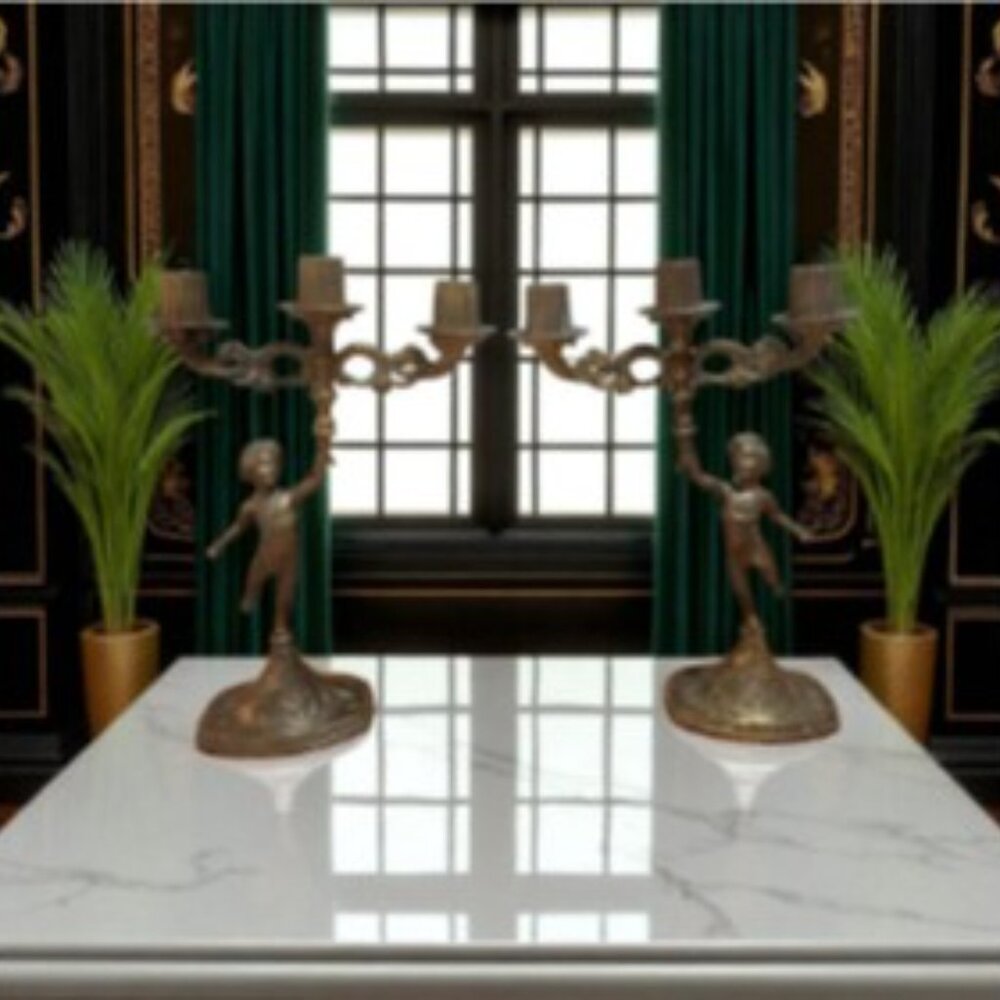 Matching Pair of Vintage Brass Cherub Candelabras - Candlestick Holders